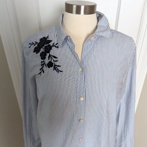 J Jill | Striped & Embroidered Cotton Blouse - Medium - Picture 7 of 8